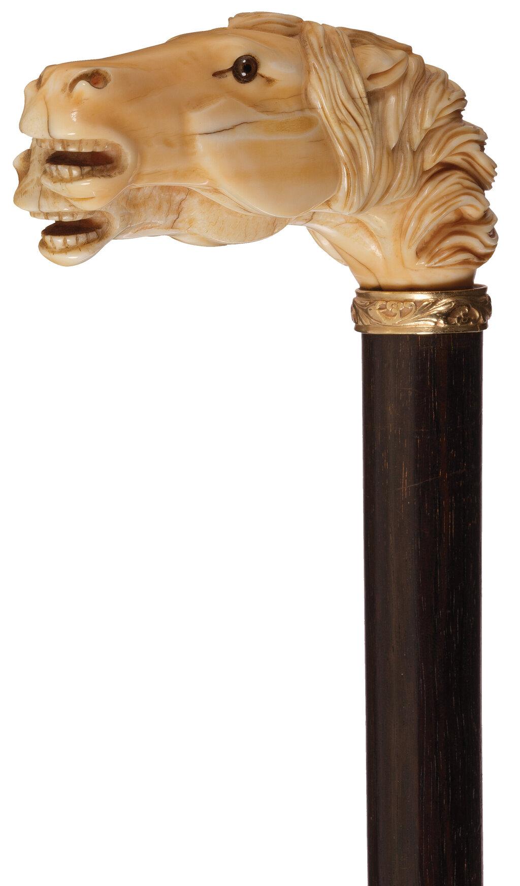 Relief Carved Double Horse Head Cane with Gilt Band