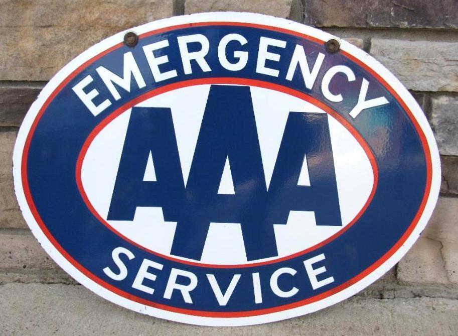 Excellent Vintage AAA Emergency Service Dbl. Sided Porcelain Sign