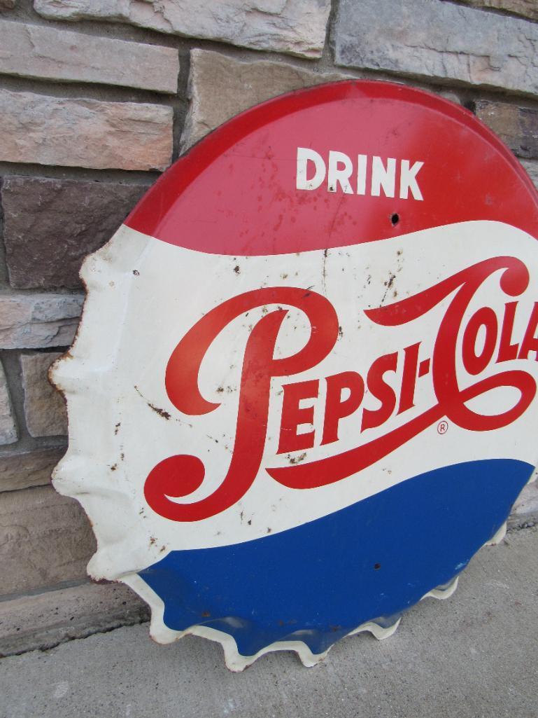 Antique Drink Pepsi Cola 30" Embossed Metal Bottle Cap Sign (Stout M-104)