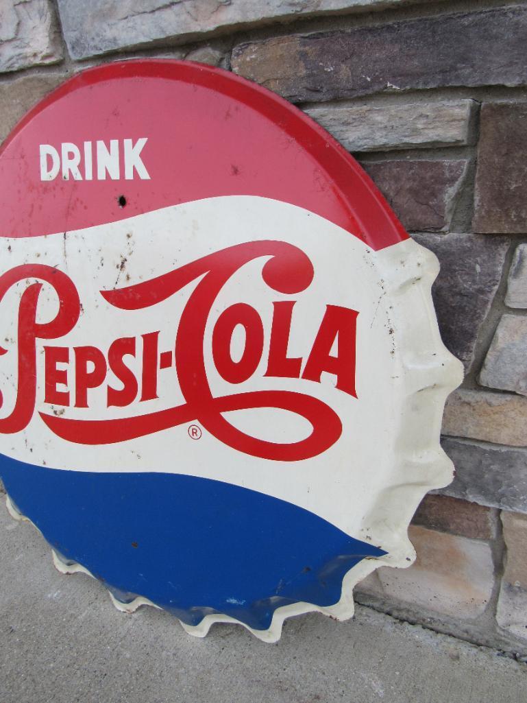 Antique Drink Pepsi Cola 30" Embossed Metal Bottle Cap Sign (Stout M-104)