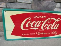 Outstanding 1962 Coca Cola Coke Embossed Metal Fishtail 54" Sign (Robertson)