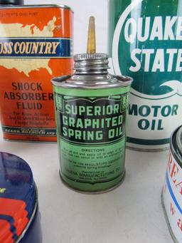 Grouping Vintage Metal Oil and Related Cans- Pyroil, Quaker State, Cadillac, Cross Country