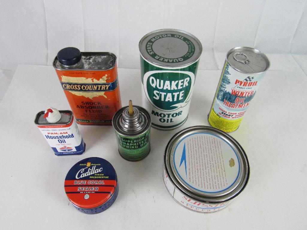 Grouping Vintage Metal Oil and Related Cans- Pyroil, Quaker State, Cadillac, Cross Country