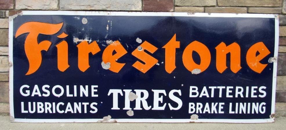 Antique Original Firestone Tires " Gasoline & Batteries" Porcelain Service Station Sign 30 x 72"