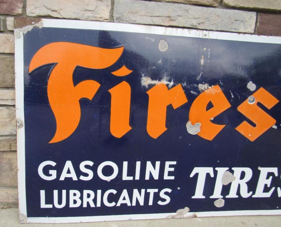 Antique Original Firestone Tires " Gasoline & Batteries" Porcelain Service Station Sign 30 x 72"