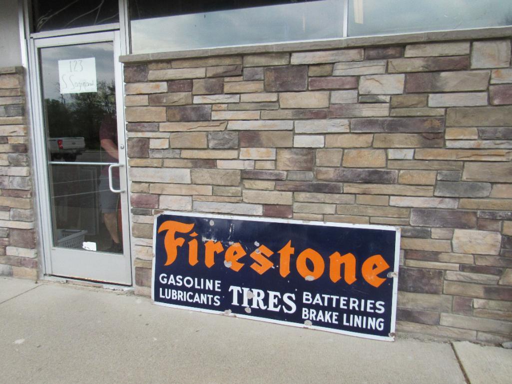 Antique Original Firestone Tires " Gasoline & Batteries" Porcelain Service Station Sign 30 x 72"