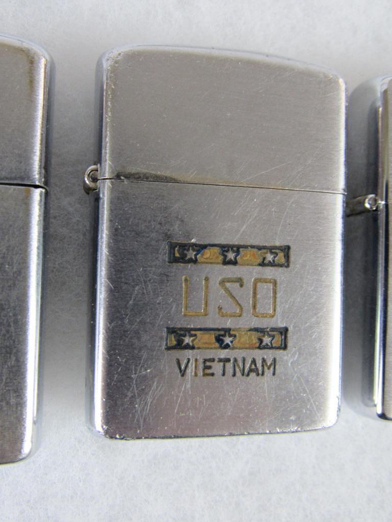 Lot (3) Vintage Zippo Lighters- Vietnam, USO, Cam Ranh Bay, etc