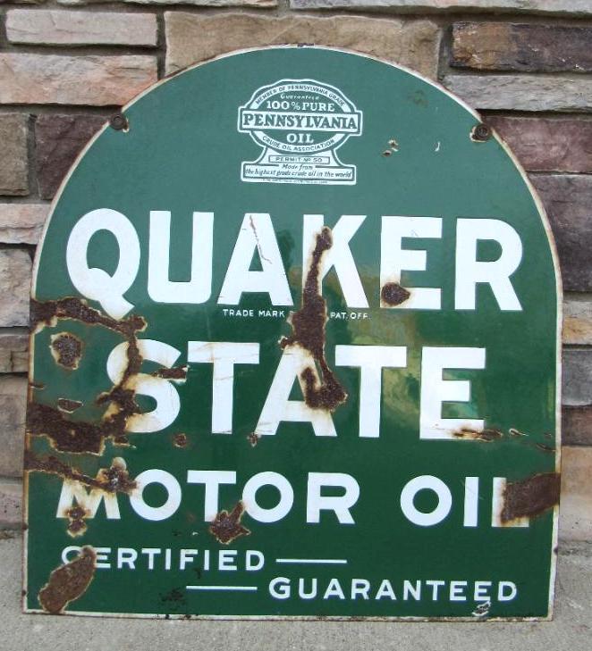 Excellent Antique Quaker State "Tombstone" Double Sided Porcelain Service Station Sign