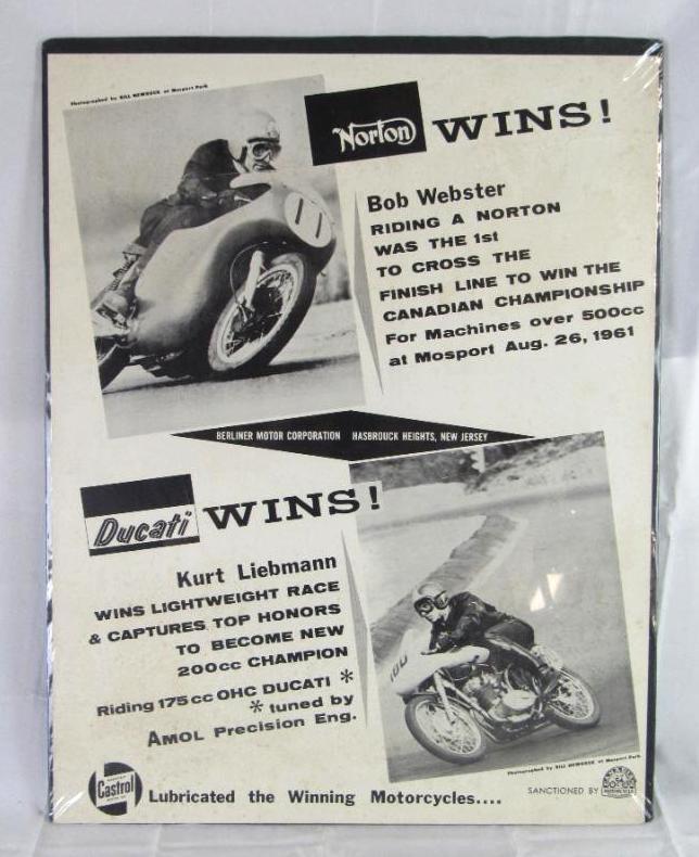 Vintage 1961 Norton/ Ducati Motorcycles Advertising Poster/ Castrol 17.5" x 22.5"