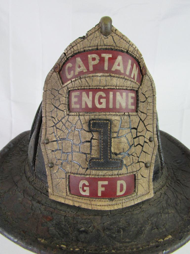 Antique All Leather Fire Helmet Captain Engine #1 GFD Gloucester Mass.