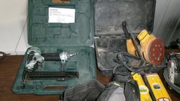 TOOL BELT, 10", 2-16" & 32" LEVELS, 3" X 21" CORED BELT SANDER, CORDED MILWAUKEE SAWZALL ,HITACHI +