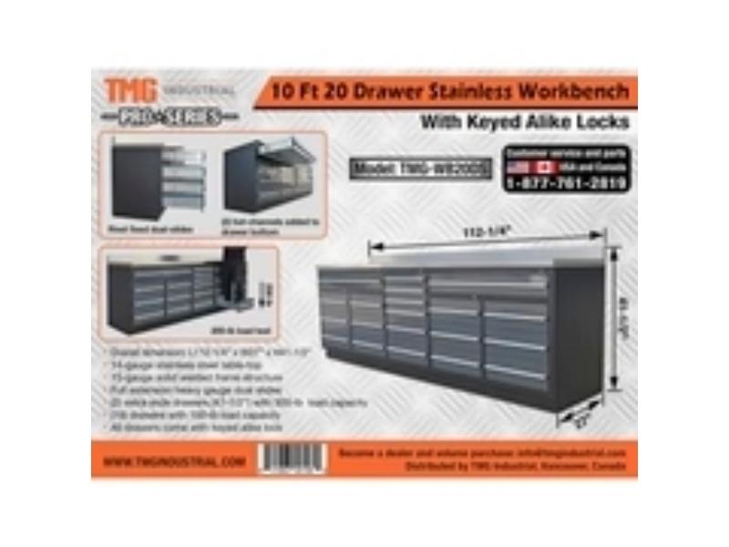 New TMG-WB20DS Workbench 10' 20-Drawer Powder Coated