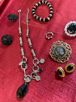 Assorted costume jewelry. Lia Sophia 10" Necklace, earrings, ring size 4.5, brooches. 7 pieces