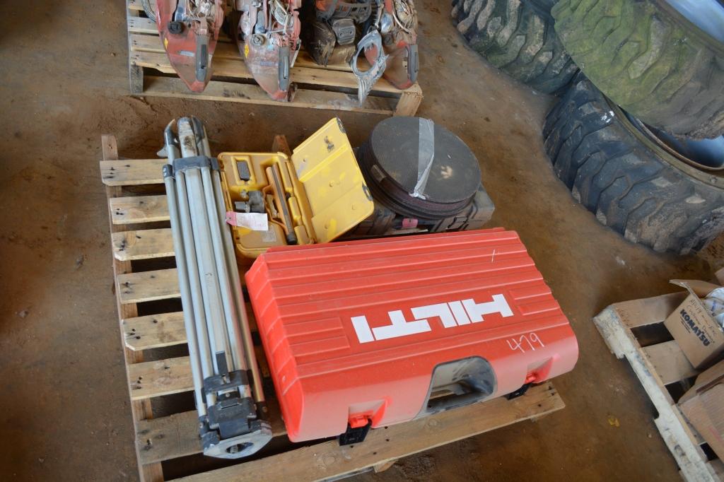 PALLET W/LASER LEVEL, GRINDING WHEELS