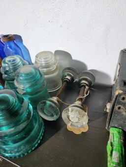 Contents of Shelf - Old Cameras, Glass Bottles, Glass Door Knobs, Glass Insulators