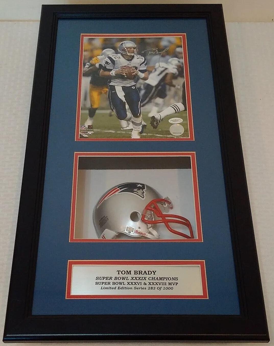 Tom Brady Autographed Signed 8x10 Photo JSA Framed Matted Shadowbox Helmet NFL Patriots 15x27"