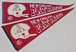 2 Vintage 1967 New England Patriots Full Size Pennant Lot Pair 1 2 Bar Helmets NFL Football 12x30