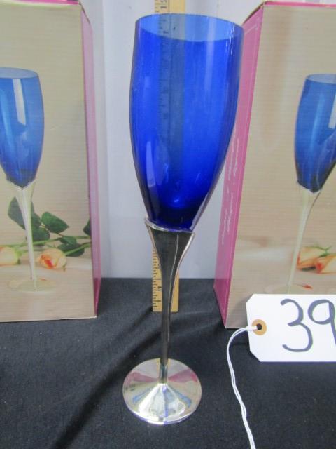 4 N I B Sets Of 2 ( 8 Total ) Silver Plated W/ Cobalt Blues Glass Champagne