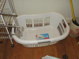 Lot Hip Hugger Laundry Basket, 2 Irons, Metal Scalloped Shell TP Holder, 4 Tier Wire Basket