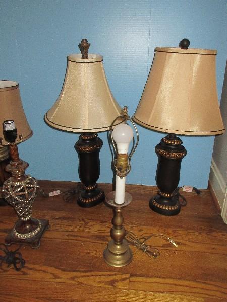 Lot Pair Resin Urn 27" Lamps Black Gilt Pierced Scroll Accent, Resin Reticulated Embellished 19"