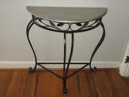 Transitional Modern Demu Lune Console Table Elegant Design Metal Base Foliate Trim Apron &