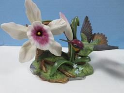 2 Andrea Bisque Porcelain Hummingbird Figurines Blue-Throated w/Lilies, Goldband & Ruby-