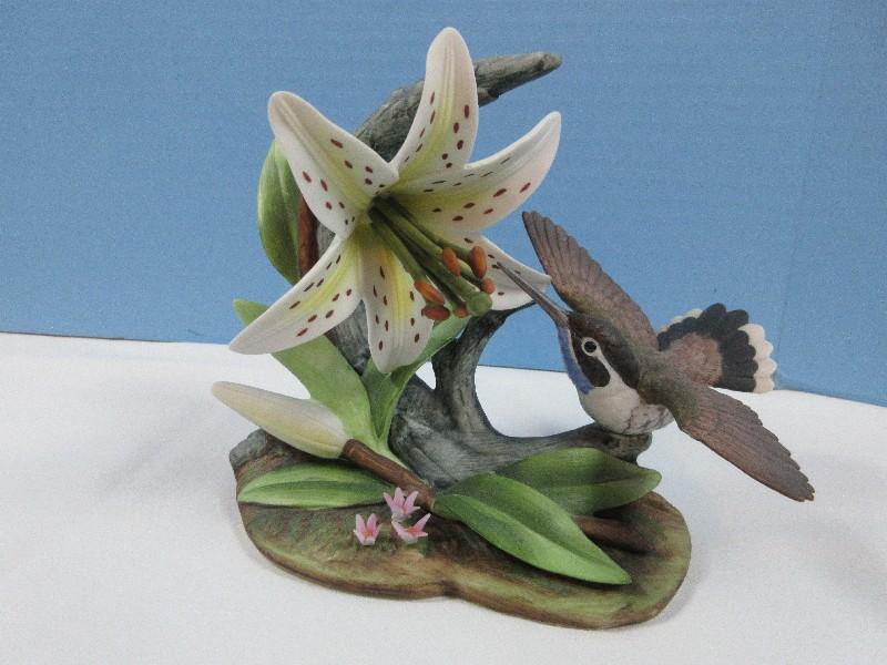 2 Andrea Bisque Porcelain Hummingbird Figurines Blue-Throated w/Lilies, Goldband & Ruby-