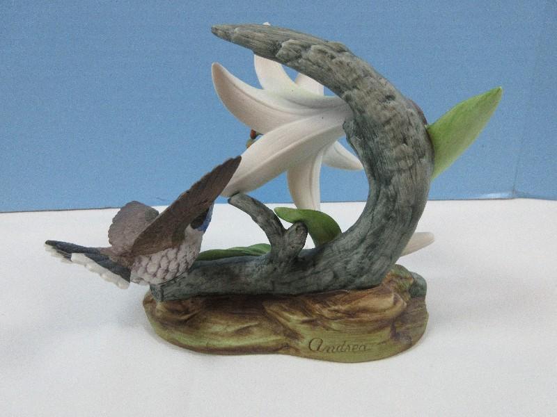 2 Andrea Bisque Porcelain Hummingbird Figurines Blue-Throated w/Lilies, Goldband & Ruby-