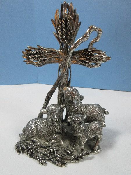 Lot Vintage Arthur Court Cast Pewter "The Lord is My Shepherd" Christian Wheat Cross, Staff &