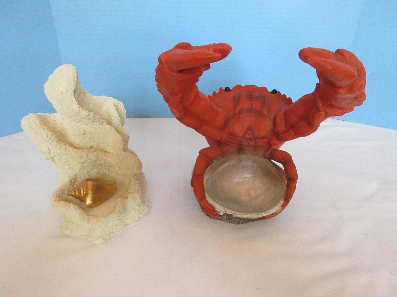 Lot Novelty Crab & Shells Figure 9" & Resin Reef w/Gold Tone Conch Shell Bookend