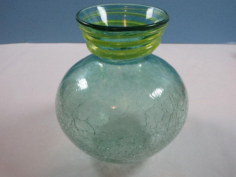 7" Studio Art Glass Hand Blown Squat Vase Teal Crackle Glass Applied Yellow Glass Spiral Ribbon