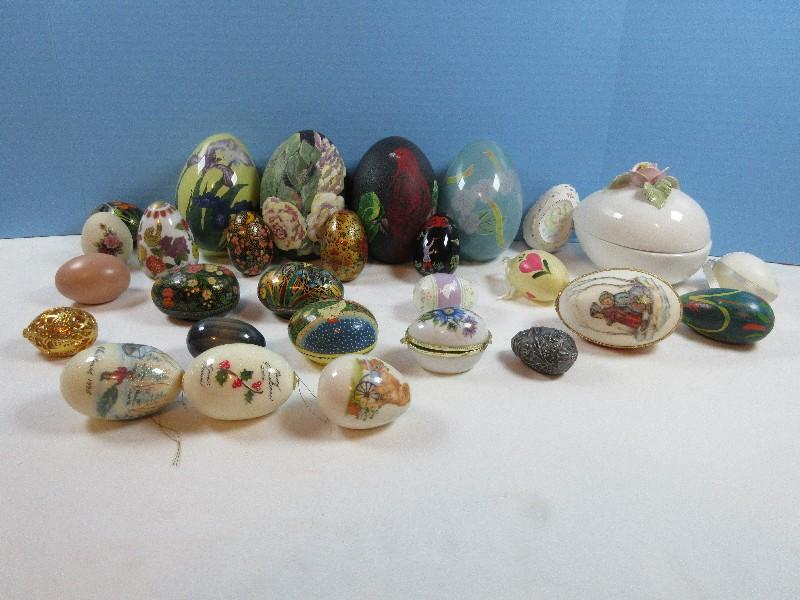 25+ Egg Collection Figurines, 2 Real Hand Painted Eggs, 2pc Trinket Box, Reverse Floral Design