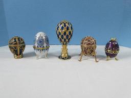 Collection 4 Russian Faberge Style Enamel Jeweled Exquisite Figural Trinket Box Eggs w/Stands