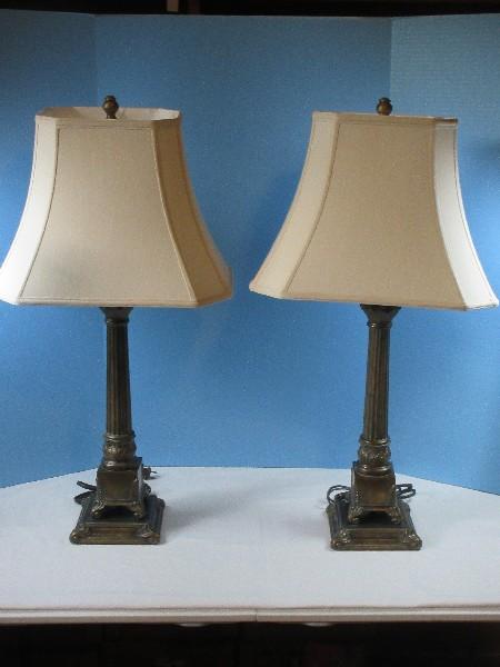 Pair Corinthian Ornate Classic Greek Design Column 32" Table Lamp on Plinth Adorned Base