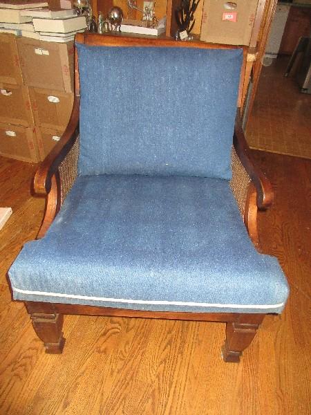 English Regency Arm Chair Mahogany Trim w/Diamond Pattern Woven Wicker Sides Demin