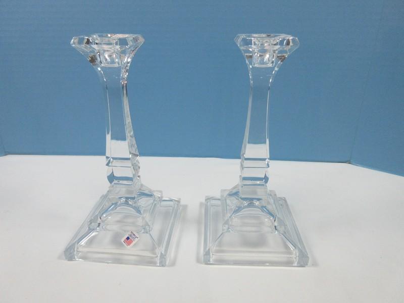 Pair Towle Full Lead Crystal 8" Column Candlesticks- NIB