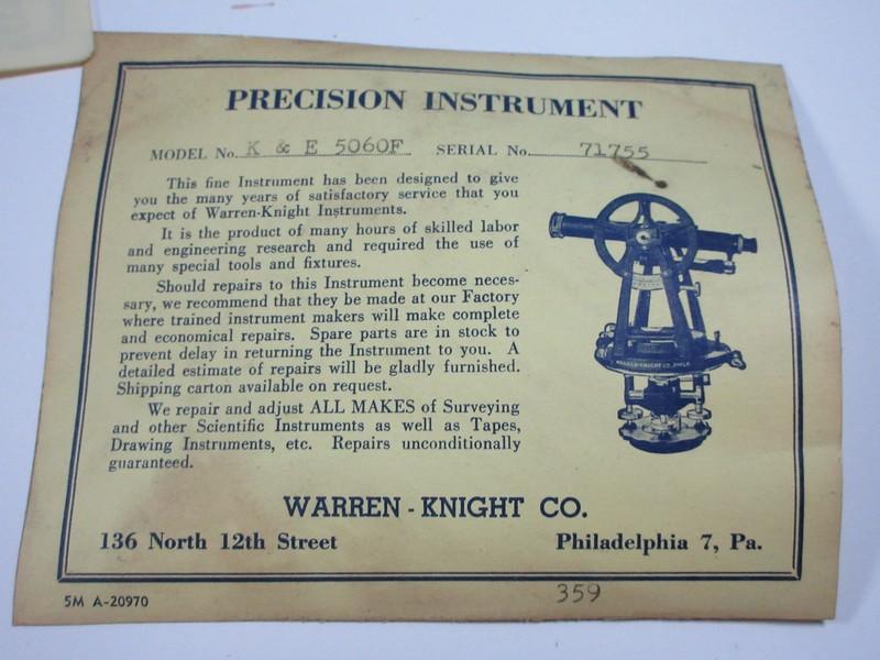 Rare Find Warren-Knight Co. Precision Instrument Surveying Surveyors Transit in Dovetail Box-