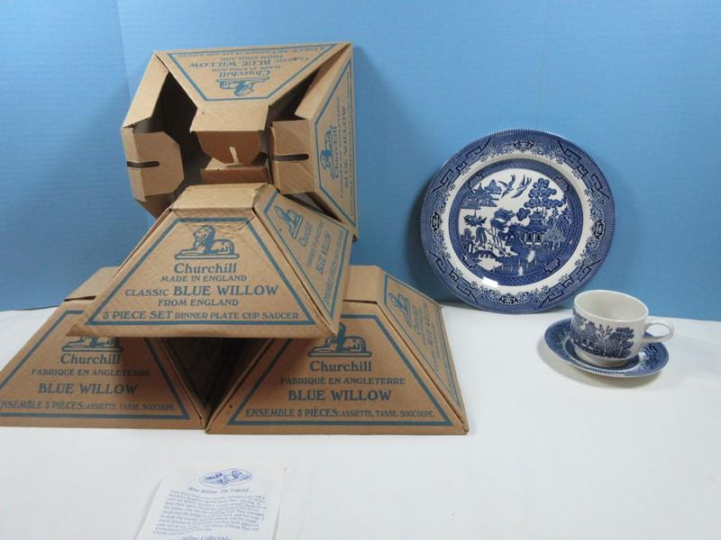 Dinnerware 12pcs Churchill China Classic Blue Willow Pattern 3pc Sets for 4 Place Settings Dinner