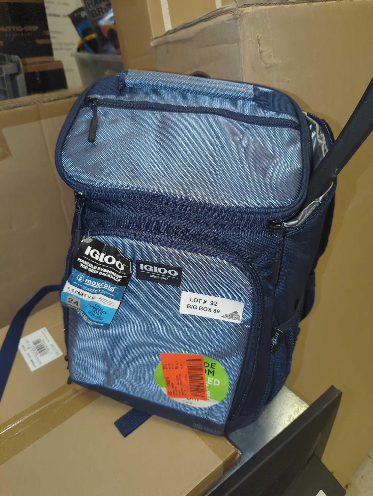 Lot of Assorted Items Including IGLOO Top Grip Evergreen 24 Can Blue Backpack Soft-Side Cooler,