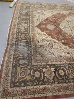 LARGE VINTAGE MACHINE MADE AREA RUG, 170"x140", RUST RED, CREAM. BROWN.