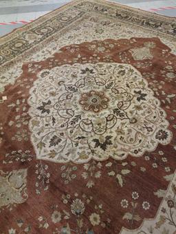 LARGE VINTAGE MACHINE MADE AREA RUG, 170"x140", RUST RED, CREAM. BROWN.