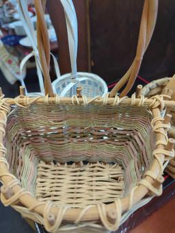 Lot of Assorted Baskets To Include, Double Basket Woven With One Handle Hand Painted White and Blue,