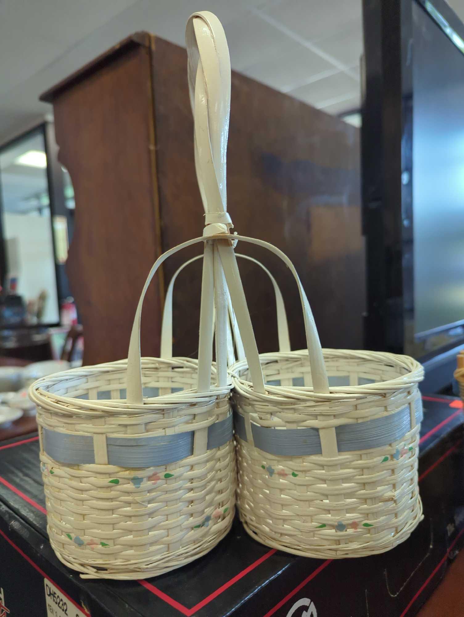 Lot of Assorted Baskets To Include, Double Basket Woven With One Handle Hand Painted White and Blue,