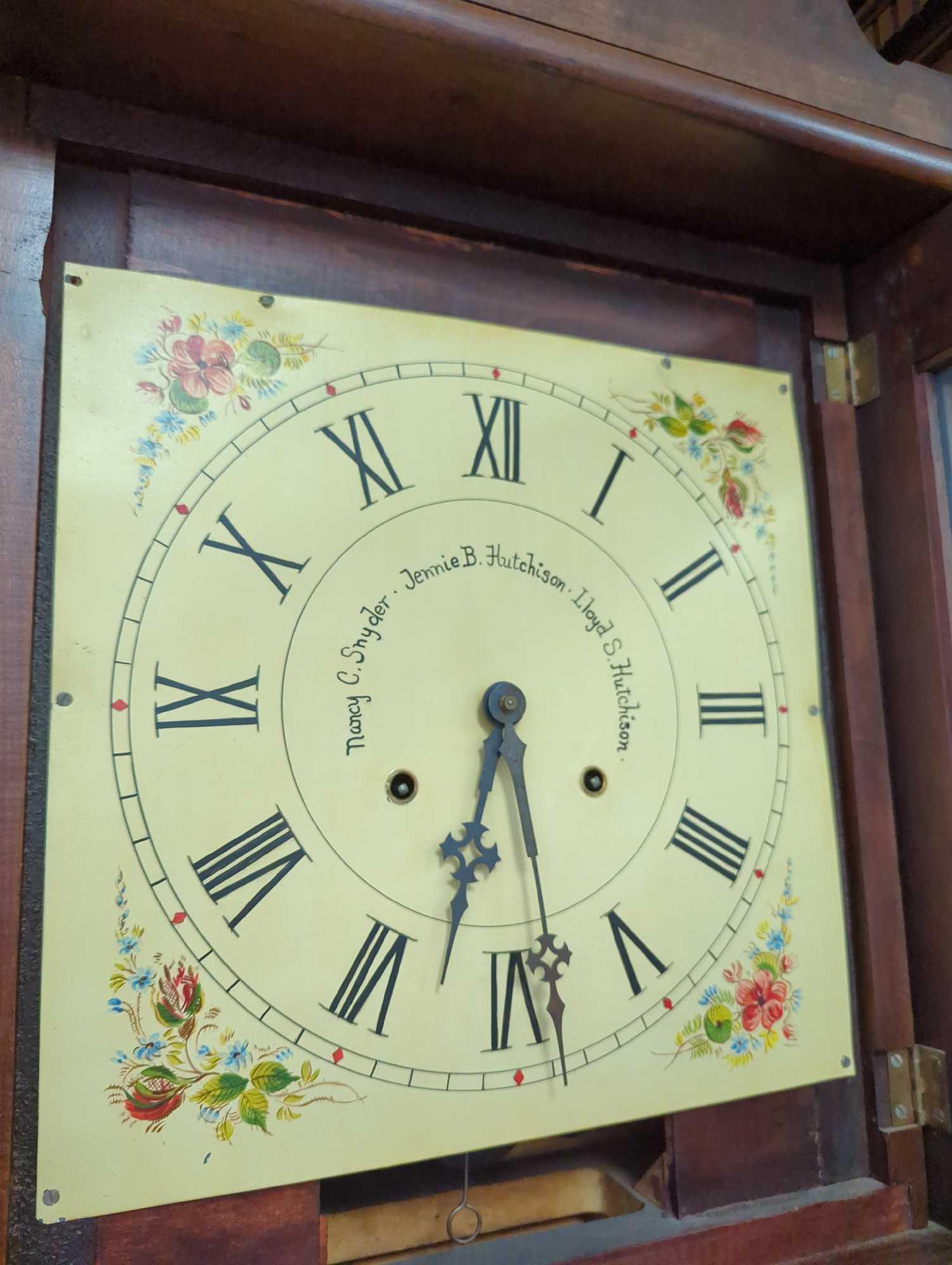 Dark Mahogany Wooden Grandfather Clock With a Metal Floral Painted Face Front, Is Missing Weights,