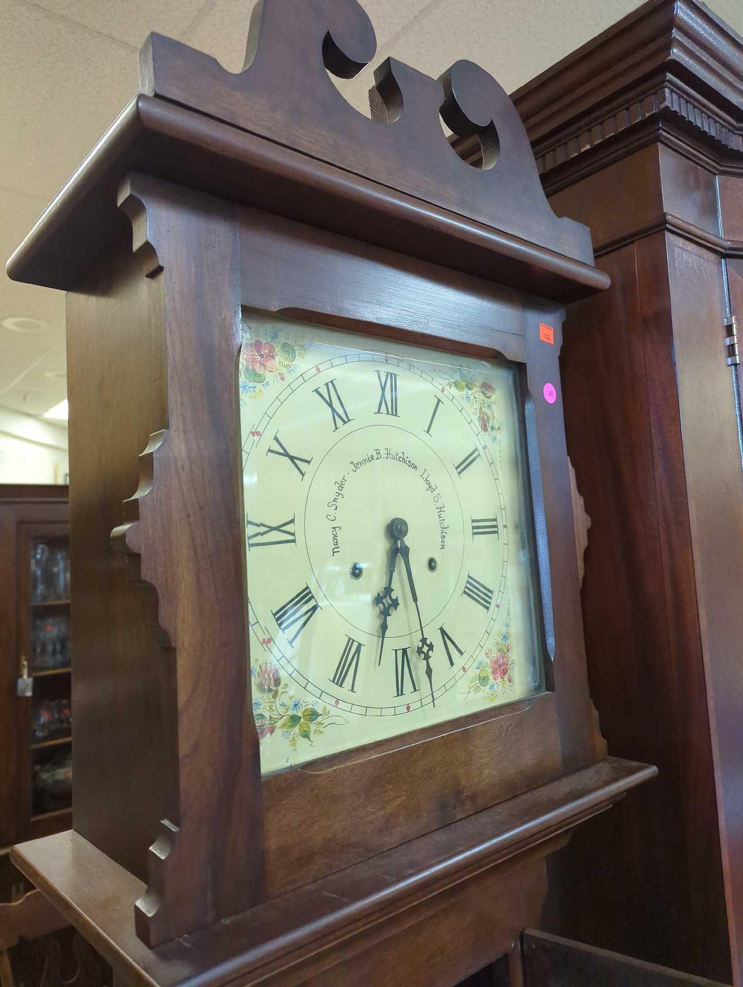 Dark Mahogany Wooden Grandfather Clock With a Metal Floral Painted Face Front, Is Missing Weights,