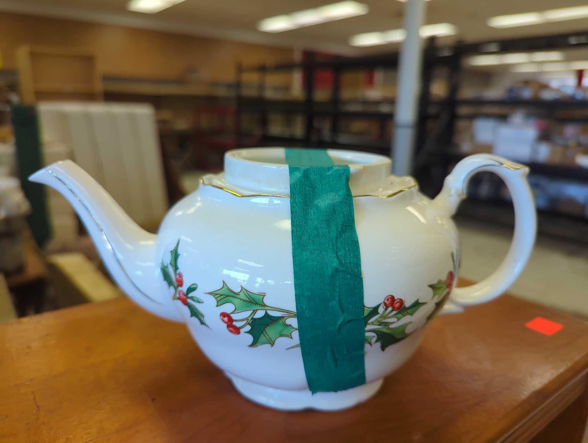 Shelf Lot of Assorted Items to Include, A Cup Of Christmas Tea Pot with Lid By Tom Hegg, Floral