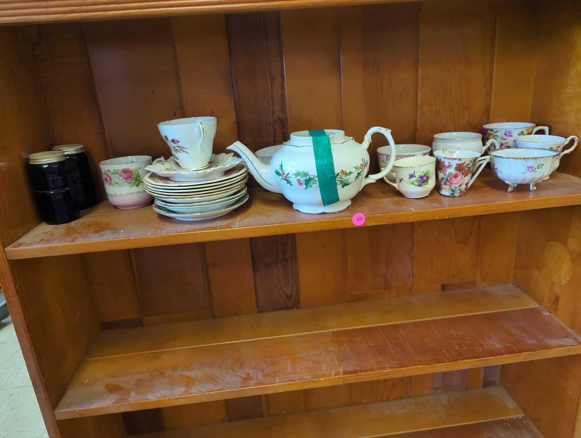 Shelf Lot of Assorted Items to Include, A Cup Of Christmas Tea Pot with Lid By Tom Hegg, Floral