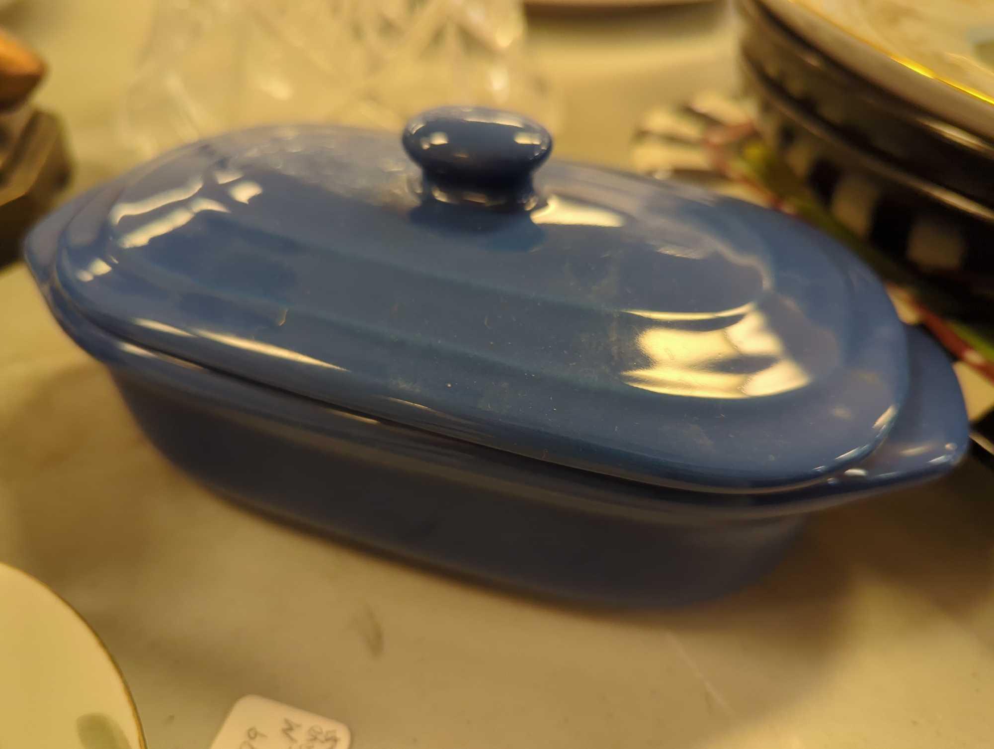 Lot of Assorted Items to Include, Davis and Waddle Blue Butter Dish with Spreader, Set of 4 Plastic