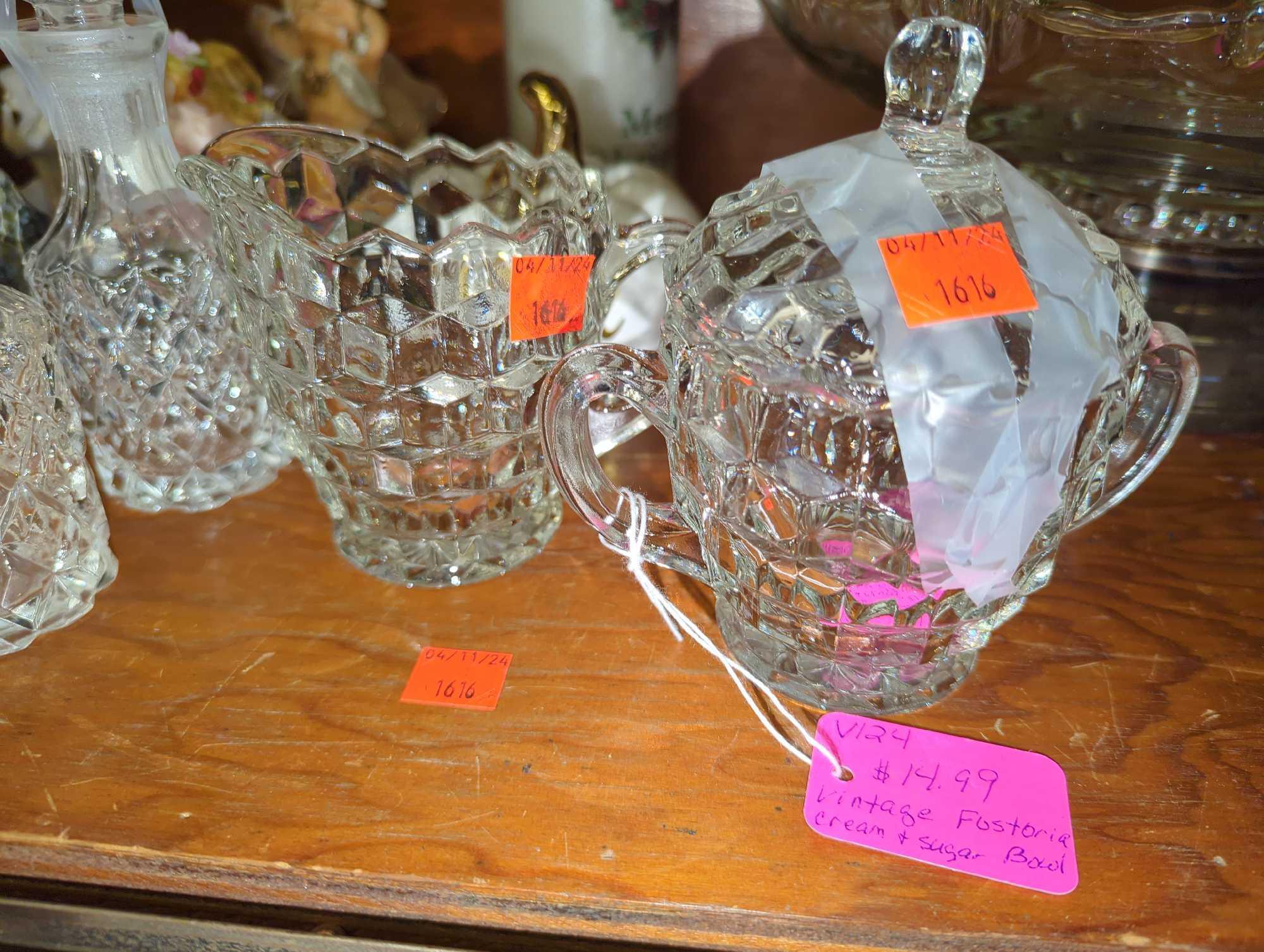 shelf Lot of Assorted Items To Include, Set of 4 Hand Painted Wine Glasses, Vintage Fustoria Cream