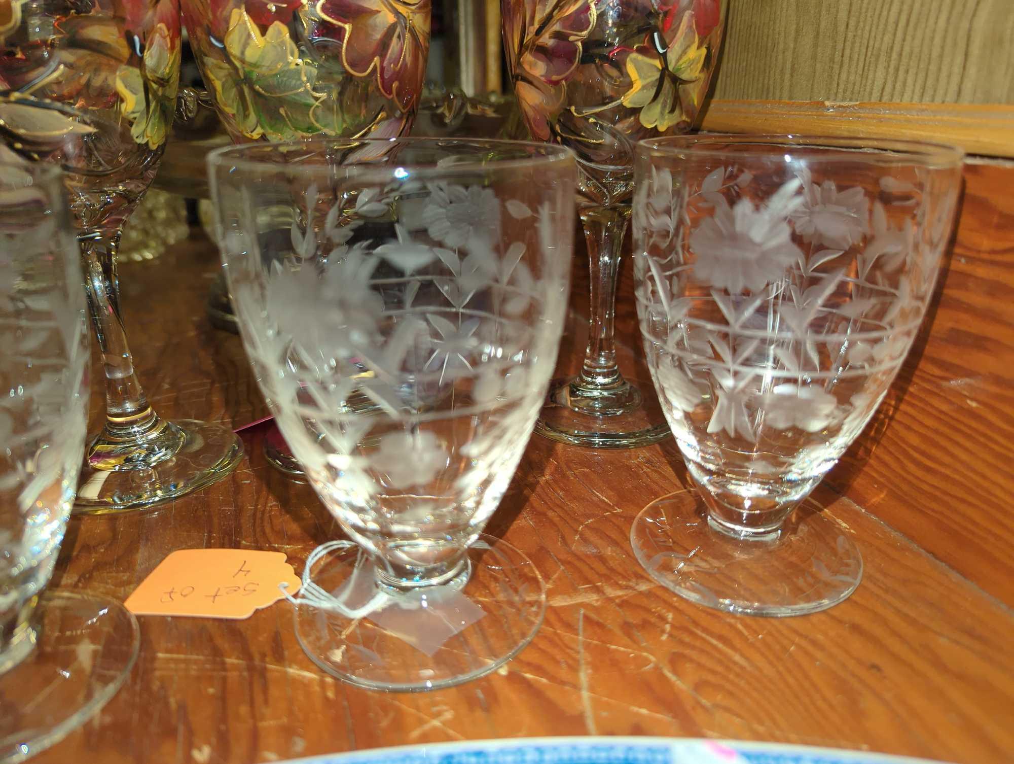 shelf Lot of Assorted Items To Include, Set of 4 Hand Painted Wine Glasses, Vintage Fustoria Cream